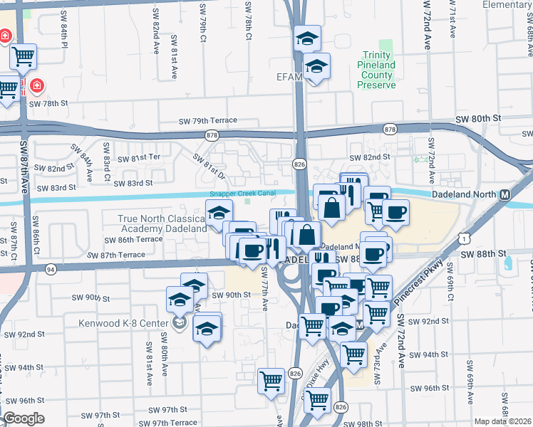 map of restaurants, bars, coffee shops, grocery stores, and more near 7745 Southwest 86th Street in Miami