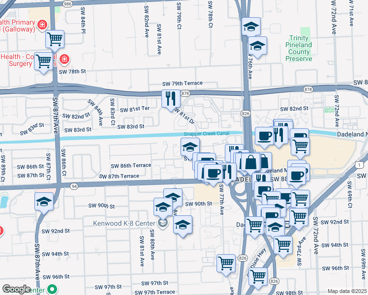 map of restaurants, bars, coffee shops, grocery stores, and more near 7905 Southwest 86th Street in Miami