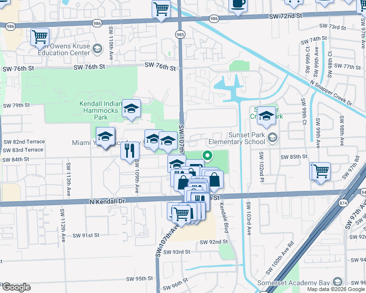 map of restaurants, bars, coffee shops, grocery stores, and more near 50 Southwest 84th Street in Miami