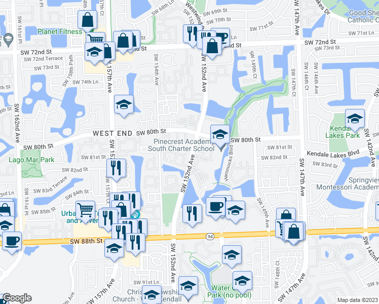 map of restaurants, bars, coffee shops, grocery stores, and more near 8200 Southwest 152nd Avenue in Miami