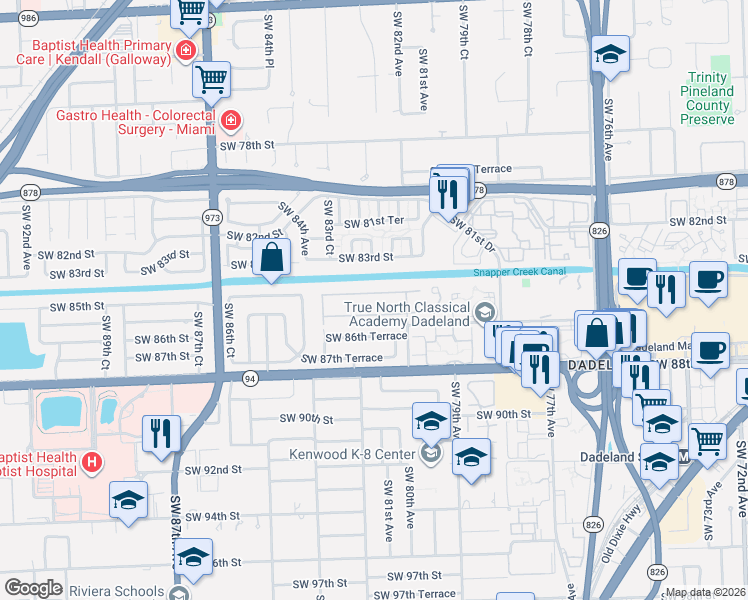 map of restaurants, bars, coffee shops, grocery stores, and more near 8248 Southwest 84th Terrace in Miami