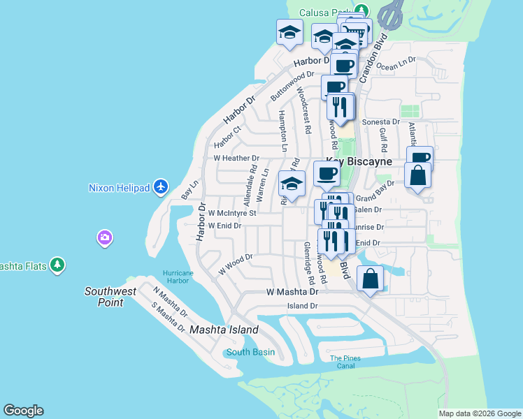 map of restaurants, bars, coffee shops, grocery stores, and more near 253 West Enid Drive in Key Biscayne