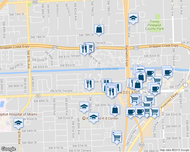 map of restaurants, bars, coffee shops, grocery stores, and more near 7905 Southwest 86th Street in Miami