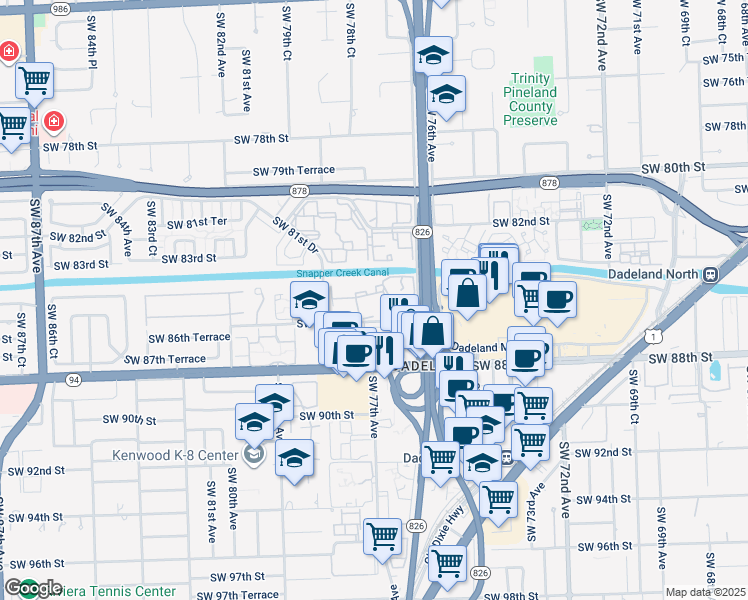 map of restaurants, bars, coffee shops, grocery stores, and more near 7755 Southwest 86th Street in Miami
