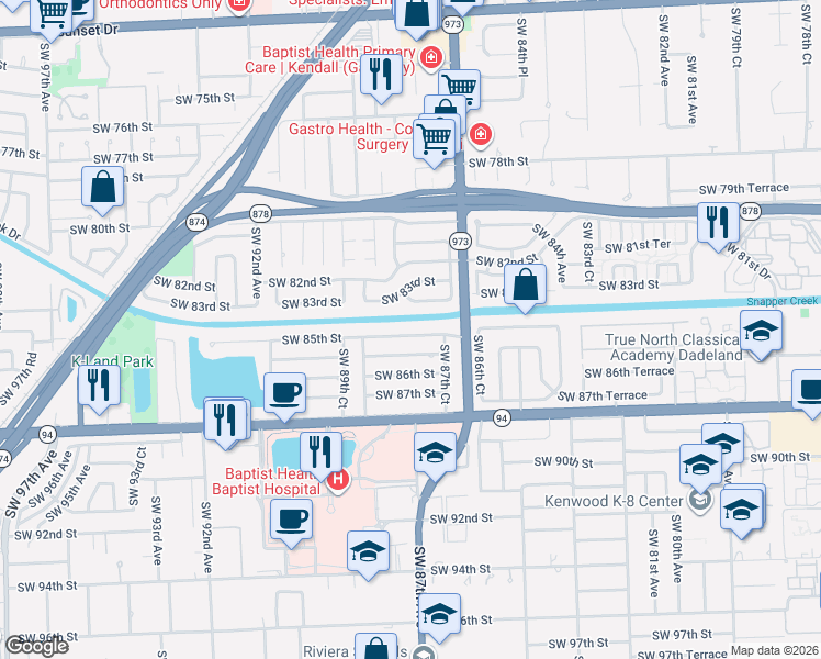 map of restaurants, bars, coffee shops, grocery stores, and more near 8791 Southwest 85th Terrace in Miami