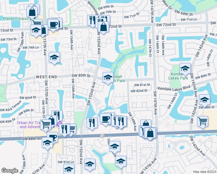 map of restaurants, bars, coffee shops, grocery stores, and more near 15130 Southwest 80th Street in Miami