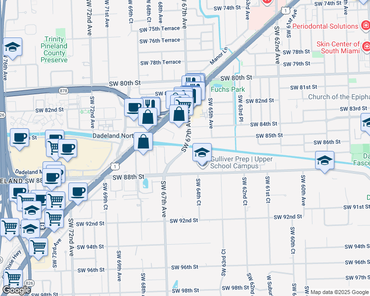 map of restaurants, bars, coffee shops, grocery stores, and more near 8600 Southwest 67th Avenue in Pinecrest