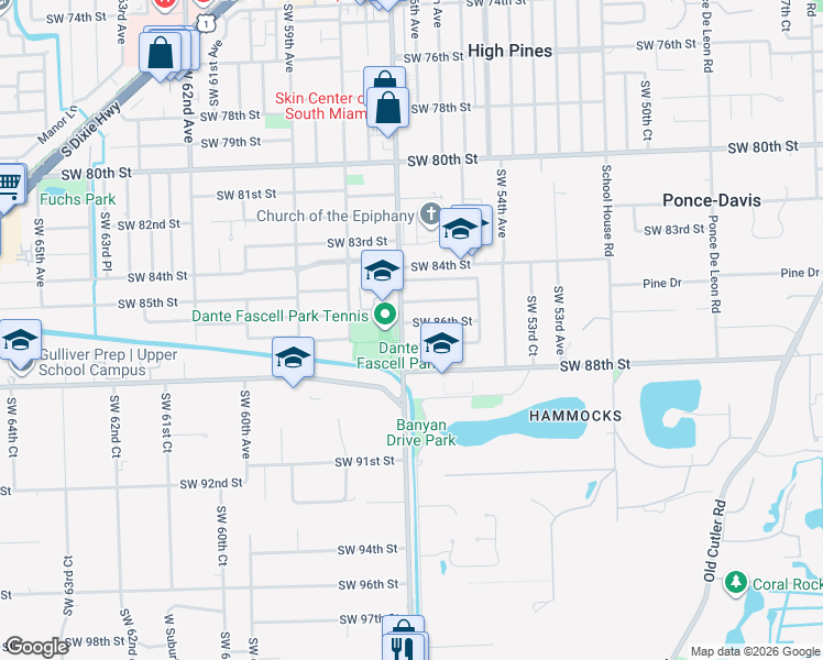 map of restaurants, bars, coffee shops, grocery stores, and more near 5678 Southwest 87th Street in Miami
