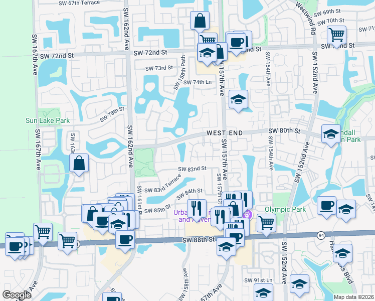 map of restaurants, bars, coffee shops, grocery stores, and more near 15851 Southwest 80th Lane in Miami