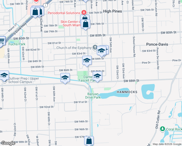 map of restaurants, bars, coffee shops, grocery stores, and more near 5680 Southwest 86th Street in Miami