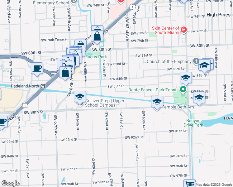 map of restaurants, bars, coffee shops, grocery stores, and more near 8767 Southwest 62nd Court in South Miami