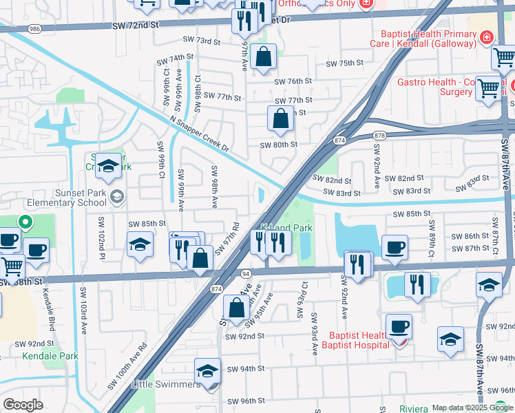 map of restaurants, bars, coffee shops, grocery stores, and more near 9631 Southwest 85th Street in Miami