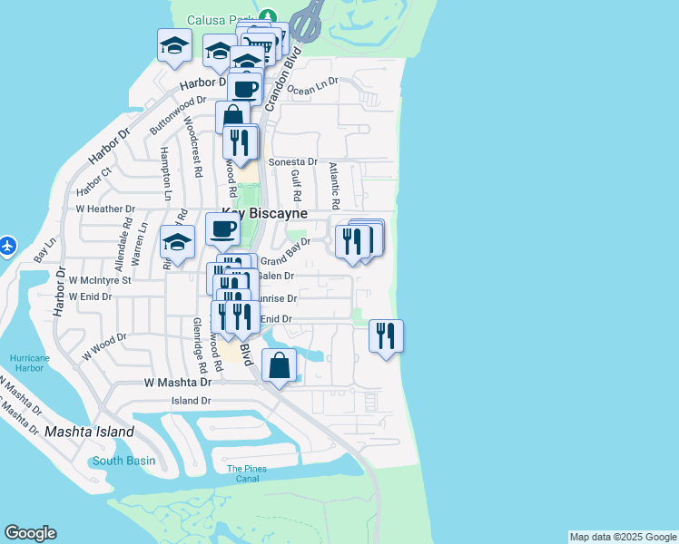 map of restaurants, bars, coffee shops, grocery stores, and more near 285 Sunrise Drive in Key Biscayne
