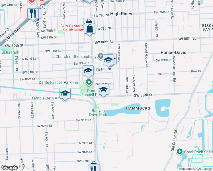 map of restaurants, bars, coffee shops, grocery stores, and more near 5500 Southwest 87th Street in Miami