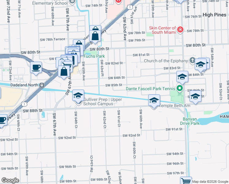 map of restaurants, bars, coffee shops, grocery stores, and more near 8767 Southwest 62nd Court in South Miami