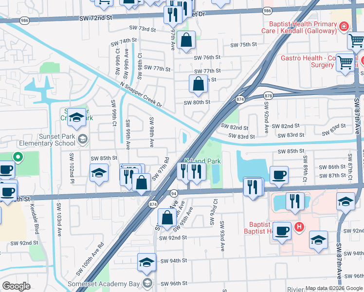 map of restaurants, bars, coffee shops, grocery stores, and more near 9631 Southwest 85th Street in Miami
