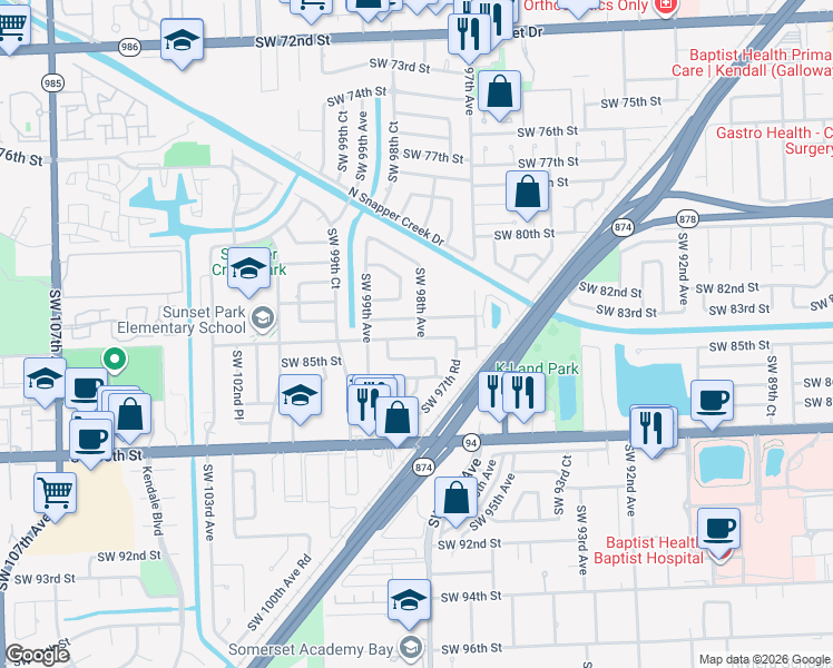 map of restaurants, bars, coffee shops, grocery stores, and more near 9801 Southwest 85th Street in Miami