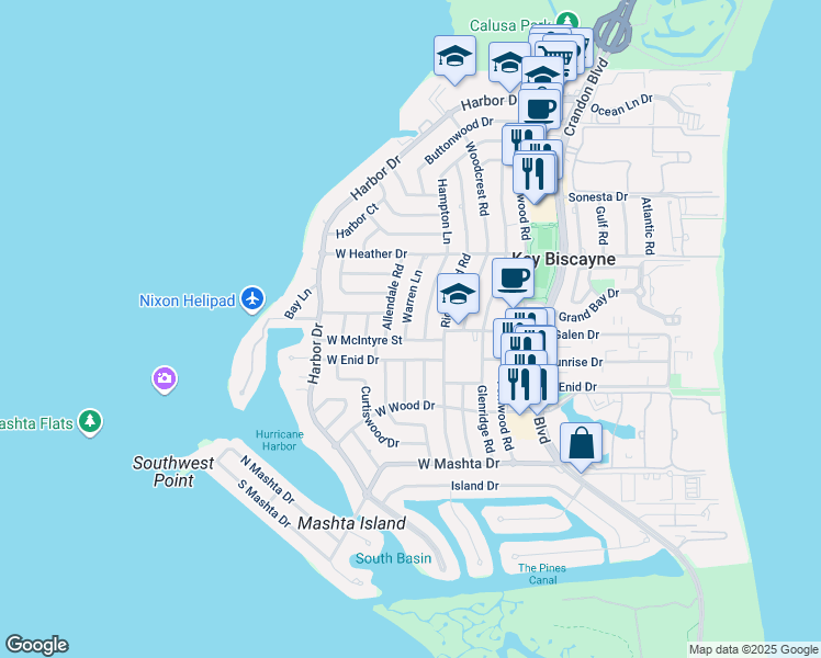 map of restaurants, bars, coffee shops, grocery stores, and more near 561 Warren Lane in Key Biscayne
