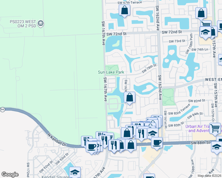 map of restaurants, bars, coffee shops, grocery stores, and more near 16636 Southwest 79th Way in Miami
