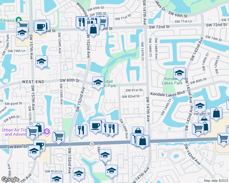 map of restaurants, bars, coffee shops, grocery stores, and more near 14941 Southwest 82nd Lane in Miami
