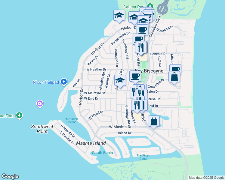 map of restaurants, bars, coffee shops, grocery stores, and more near 561 Hampton Lane in Key Biscayne