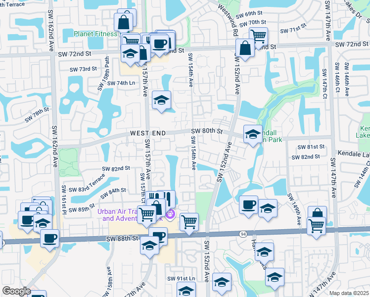 map of restaurants, bars, coffee shops, grocery stores, and more near 15492 Southwest 80th Street in Miami