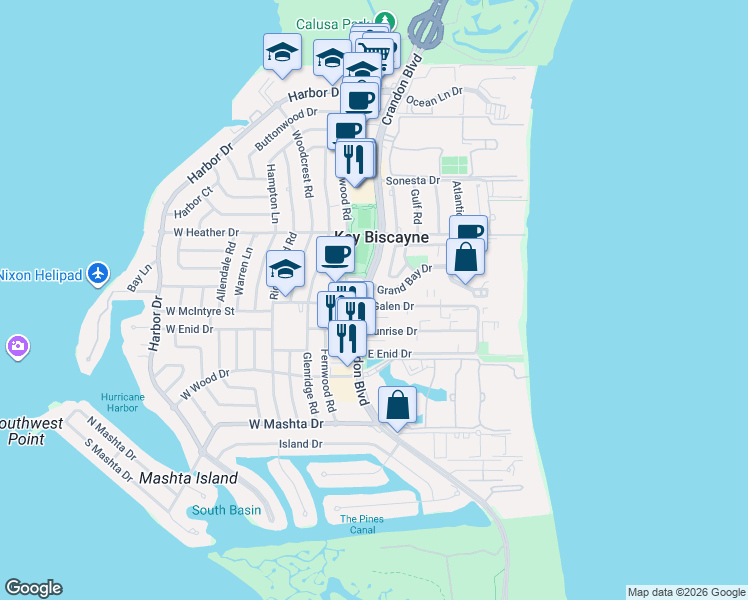 map of restaurants, bars, coffee shops, grocery stores, and more near in Key Biscayne
