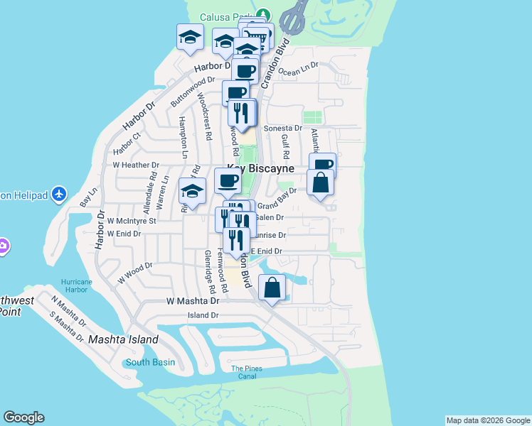 map of restaurants, bars, coffee shops, grocery stores, and more near 27 Grand Bay Estates Circle in Key Biscayne