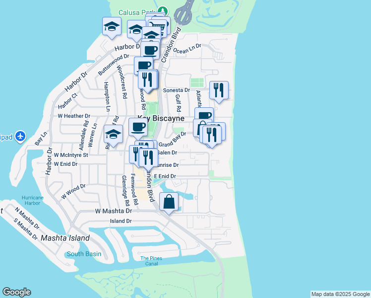 map of restaurants, bars, coffee shops, grocery stores, and more near 415 Grand Bay Drive in Key Biscayne