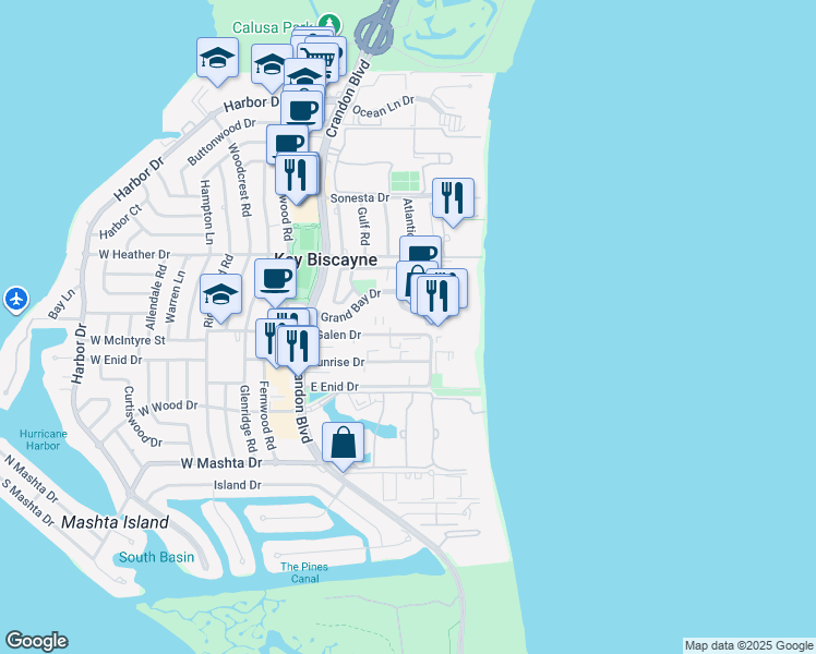 map of restaurants, bars, coffee shops, grocery stores, and more near 415 Grand Bay Drive in Key Biscayne