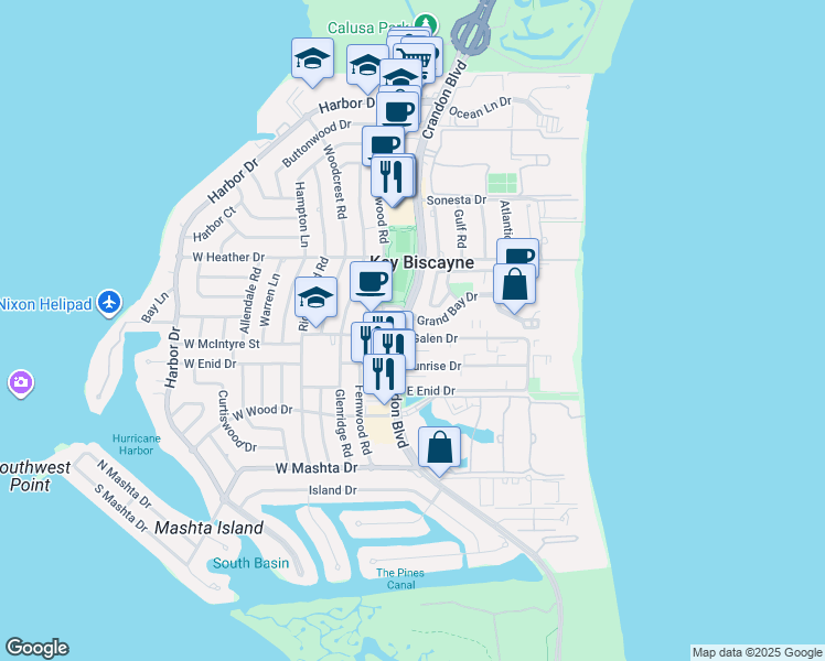 map of restaurants, bars, coffee shops, grocery stores, and more near in Key Biscayne