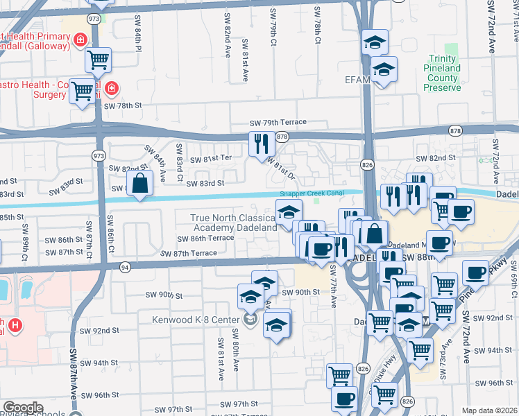 map of restaurants, bars, coffee shops, grocery stores, and more near 7995 Southwest 86th Street in Miami