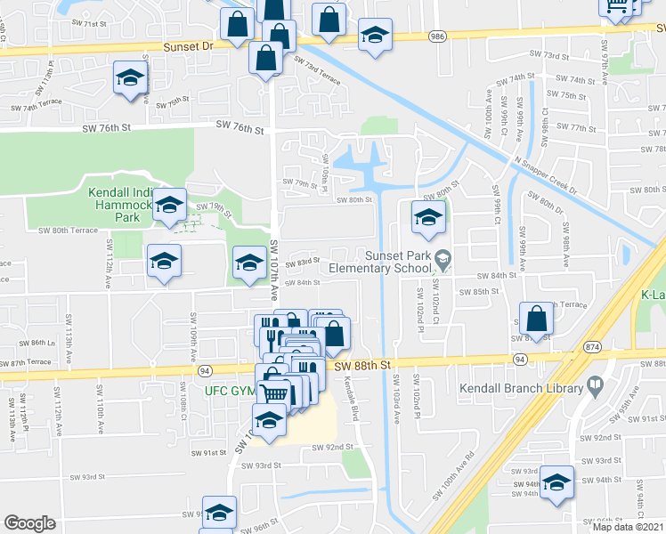 map of restaurants, bars, coffee shops, grocery stores, and more near 8255 Southwest 107th Avenue in Miami