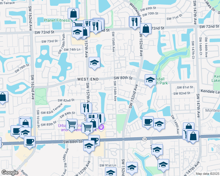 map of restaurants, bars, coffee shops, grocery stores, and more near 15492 Southwest 80th Street in Miami