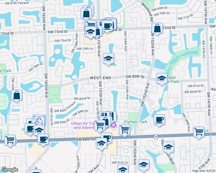 map of restaurants, bars, coffee shops, grocery stores, and more near 15640 Southwest 80th Street in Miami