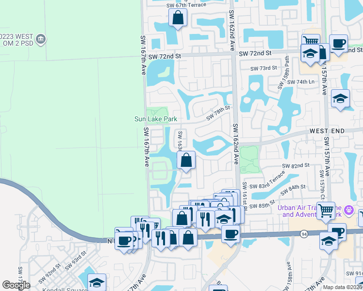 map of restaurants, bars, coffee shops, grocery stores, and more near 7931 Southwest 164th Avenue in Miami
