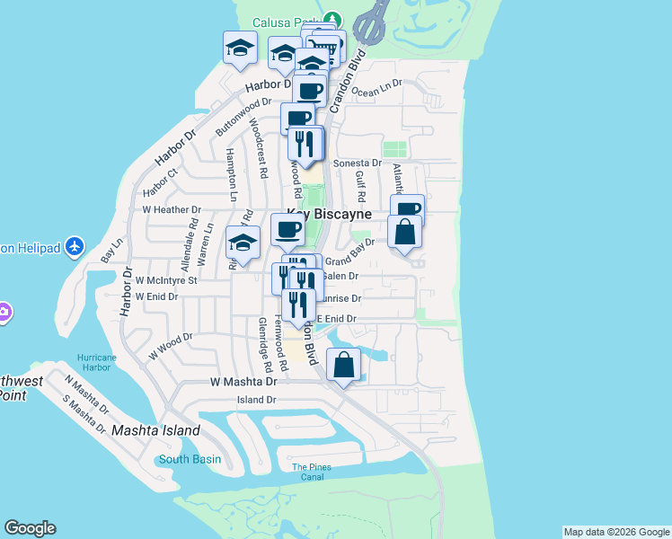 map of restaurants, bars, coffee shops, grocery stores, and more near in Key Biscayne