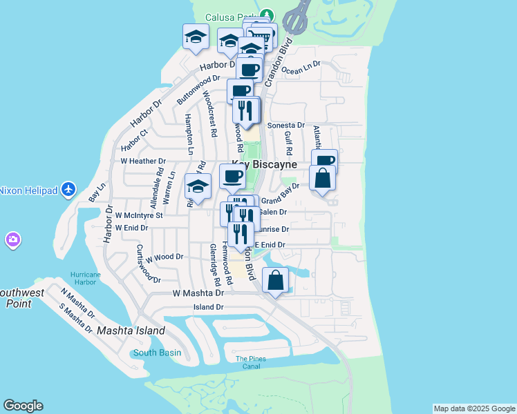 map of restaurants, bars, coffee shops, grocery stores, and more near in Key Biscayne