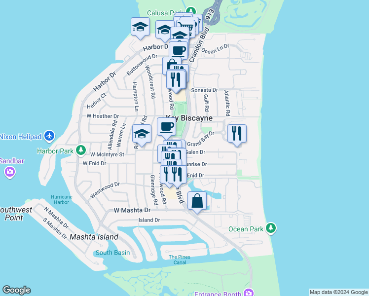 map of restaurants, bars, coffee shops, grocery stores, and more near 555 Crandon Boulevard in Key Biscayne