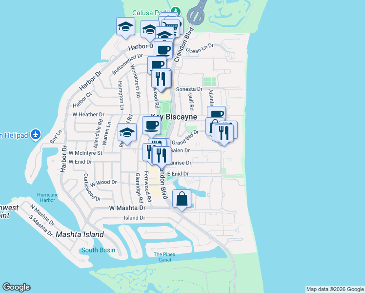 map of restaurants, bars, coffee shops, grocery stores, and more near 33 Grand Bay Estates Circle in Key Biscayne