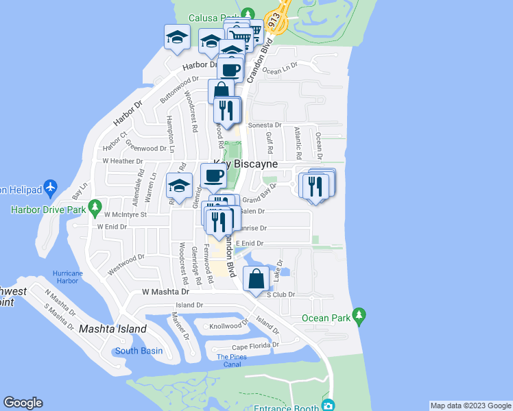 map of restaurants, bars, coffee shops, grocery stores, and more near 201 Galen Drive in Key Biscayne
