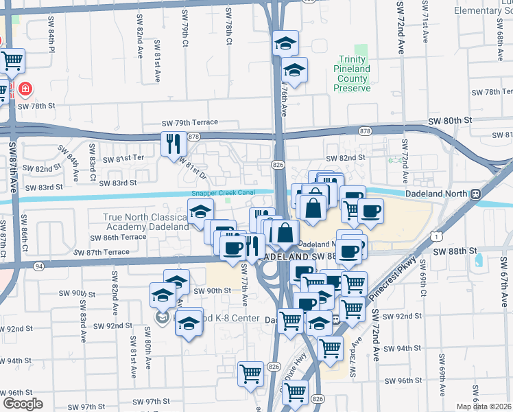 map of restaurants, bars, coffee shops, grocery stores, and more near 7725 Southwest 86th Street in Miami