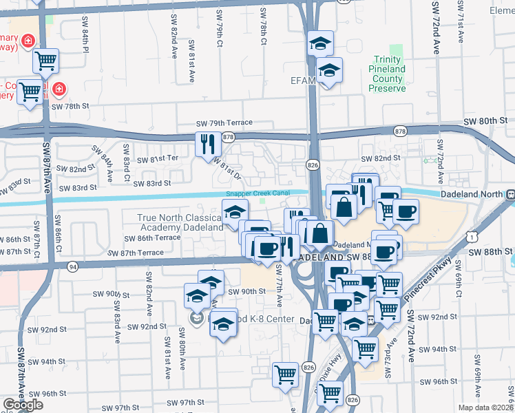 map of restaurants, bars, coffee shops, grocery stores, and more near 7787 Southwest 86th Street in Miami