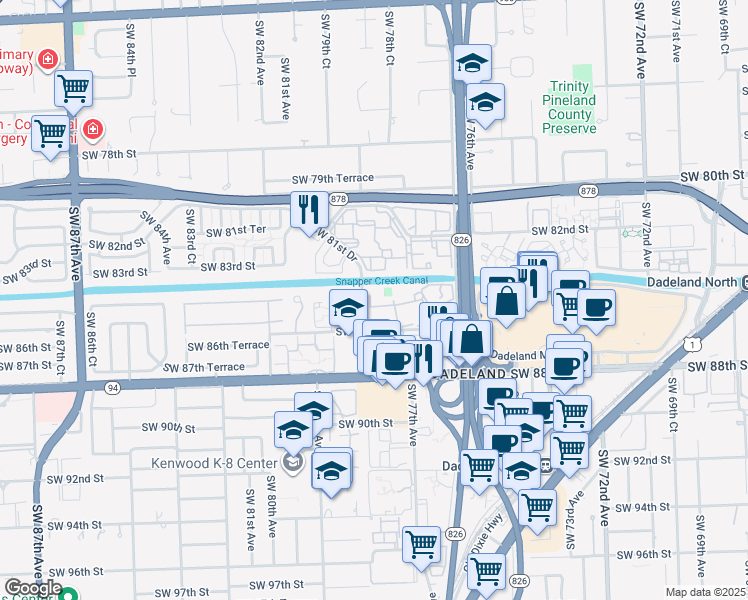 map of restaurants, bars, coffee shops, grocery stores, and more near 7787 Southwest 86th Street in Miami