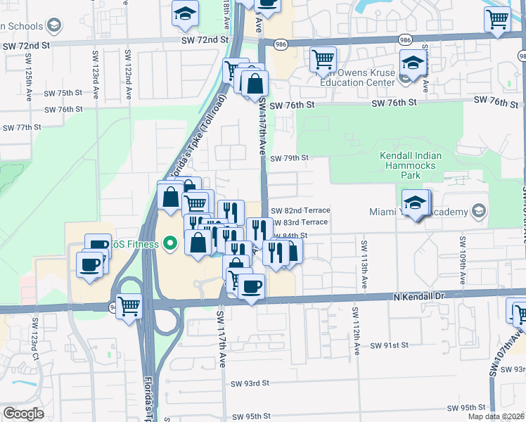 map of restaurants, bars, coffee shops, grocery stores, and more near 11620 Southwest 81st Terrace in Miami