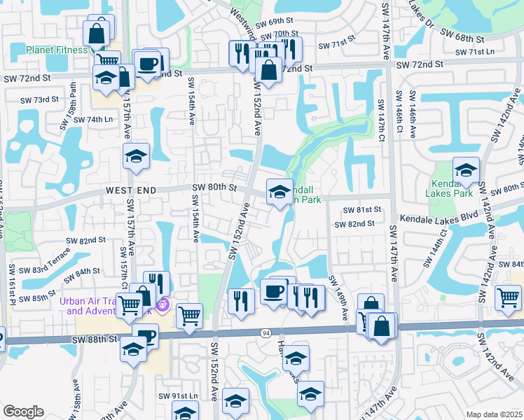 map of restaurants, bars, coffee shops, grocery stores, and more near 8014 Southwest 151st Court in Miami