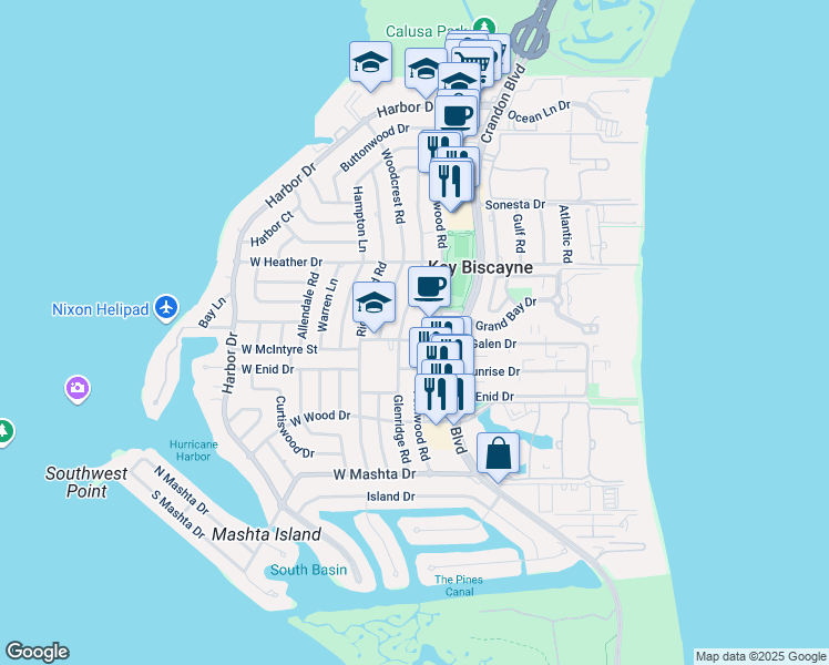 map of restaurants, bars, coffee shops, grocery stores, and more near 482 Glenridge Road in Key Biscayne