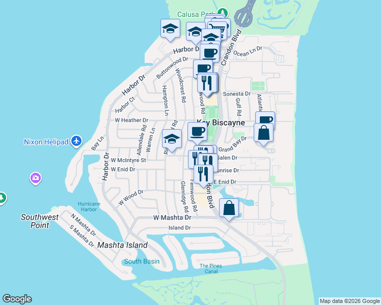 map of restaurants, bars, coffee shops, grocery stores, and more near 482 Glenridge Road in Key Biscayne