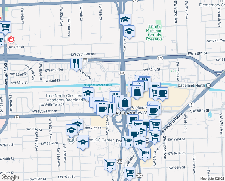 map of restaurants, bars, coffee shops, grocery stores, and more near 7725 Southwest 86th Street in Miami