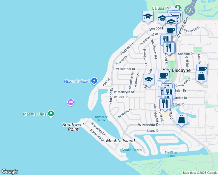 map of restaurants, bars, coffee shops, grocery stores, and more near 527 Bay Lane in Key Biscayne
